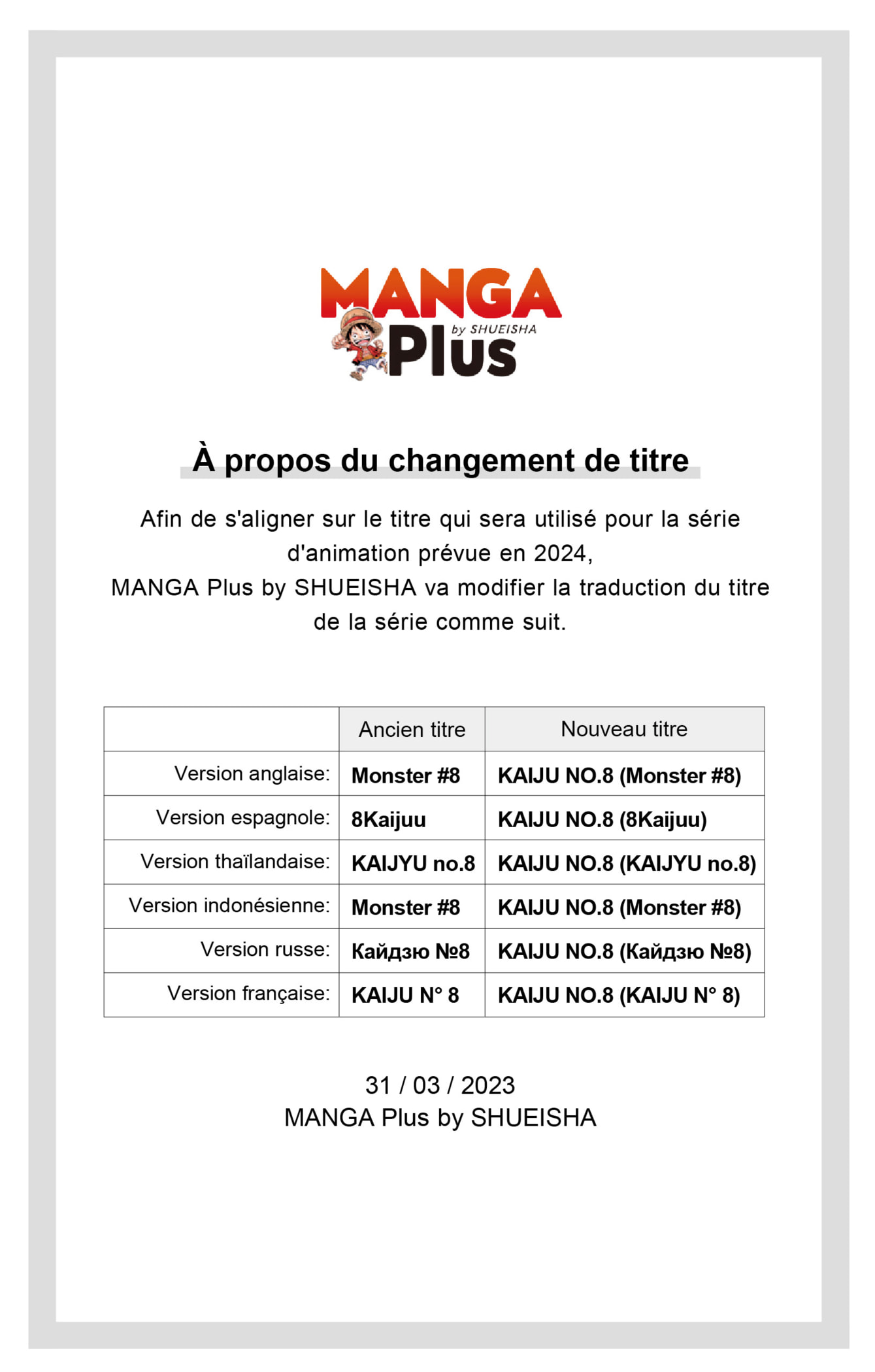 Read Kaiju No 8 VF Manga Online